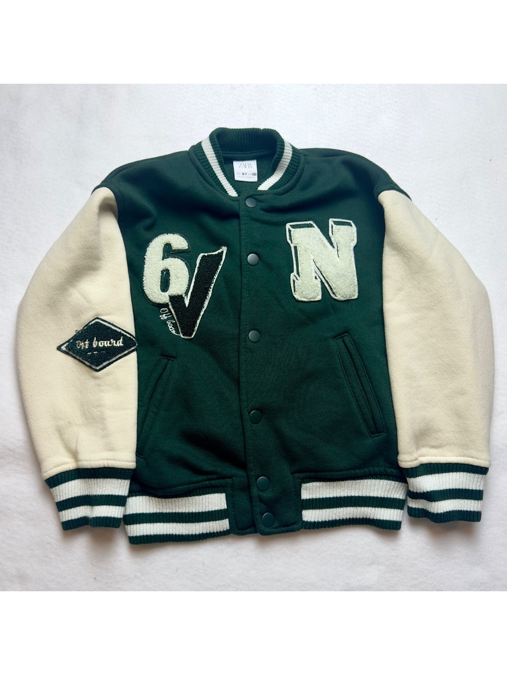 Zara Kids Varsity Jacket 6-7 120 Green Cream Letterman Bomber Embroidered